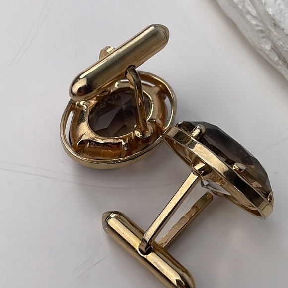 Large Gold Tone Oval Smokey Quartz Cufflinks Vintage - Picture 4 of 8